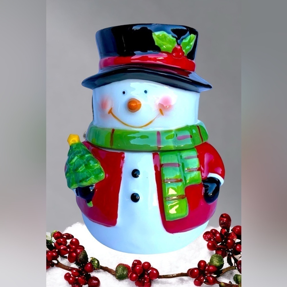 Snowman Jar Canister Ceramic Hand Painted Multipurpose Cookies Christmas Decor